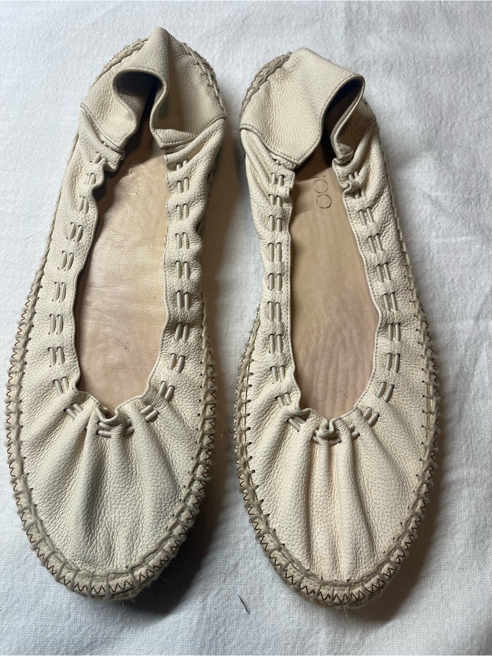 Jimmy Choo Cream Leather Gathered Ballet Flats